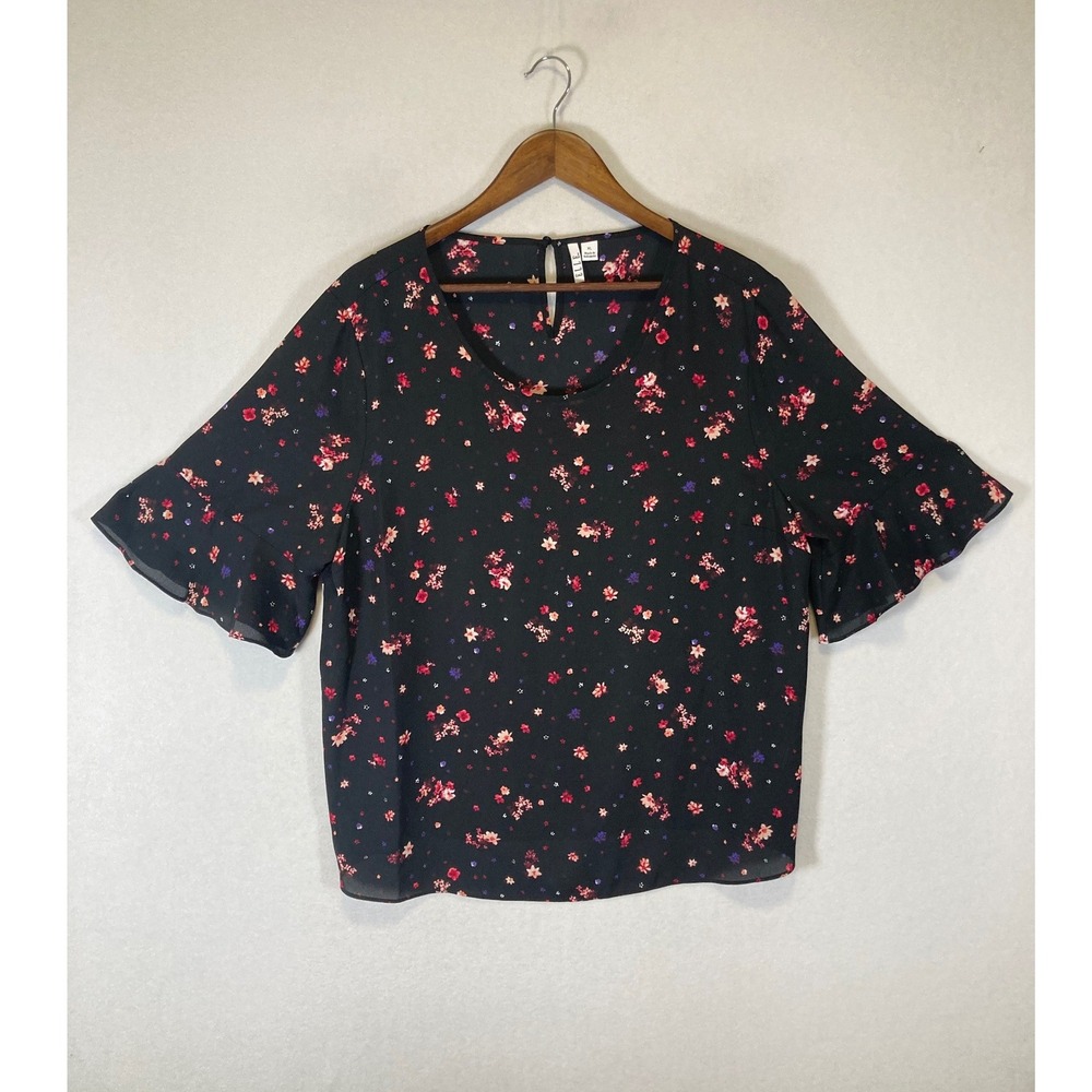 Romantic ELLE Women XL Black Floral Chiffon Flutter Bell‎ Sleeve Blouse Top
